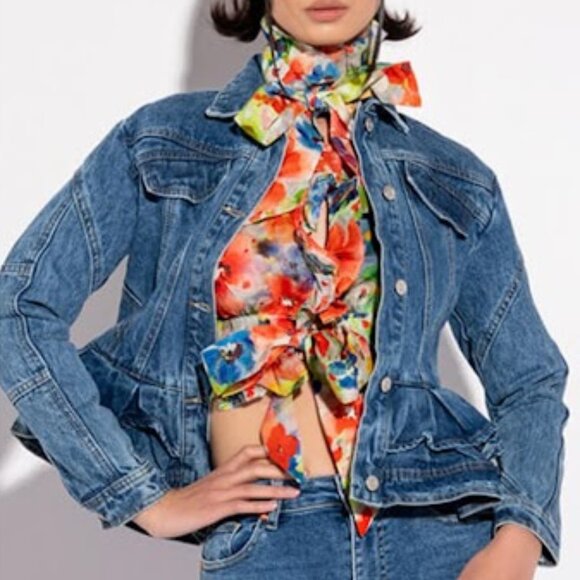 Azalea Wang  Blue Denim Ruffled Peplum Jacket Size Medium 100% Cotton - Picture 8 of 12